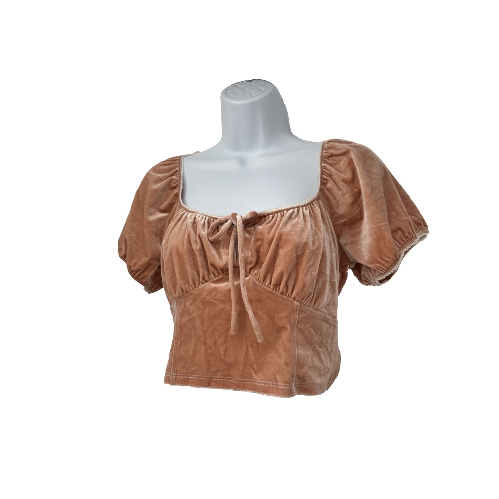 Velvet Puff Sleeve Crop Top Square Neck Tie Front Milkmaid Coquette Blouse Y2K